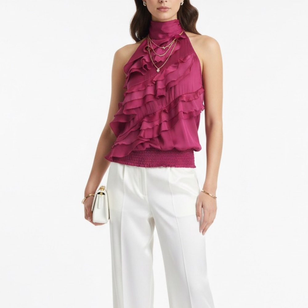 Bebe Fuchsia Ruffle Halter Top
